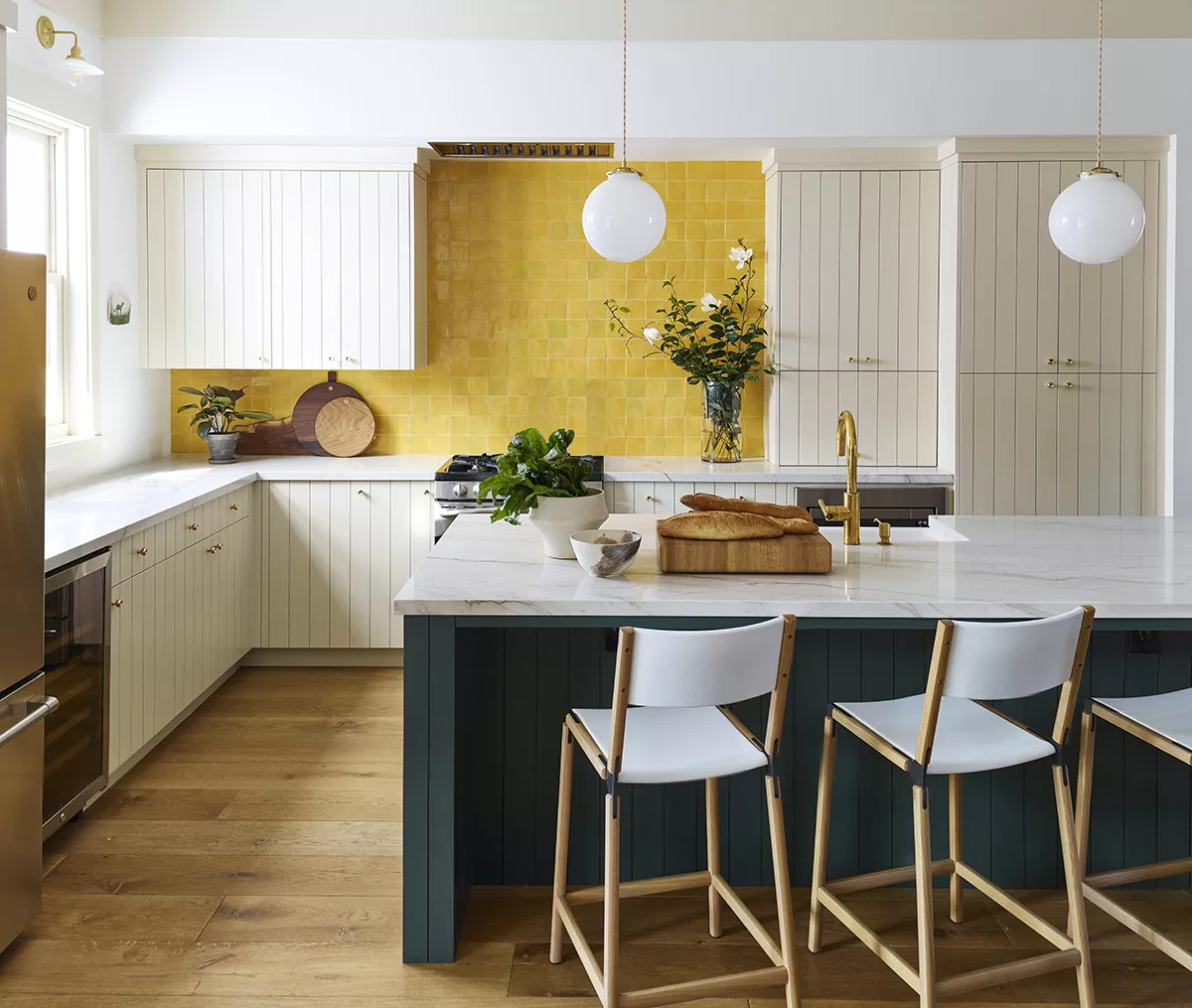 Sunny Yellow Square Tiles Brighten White Cabinet Kitchens