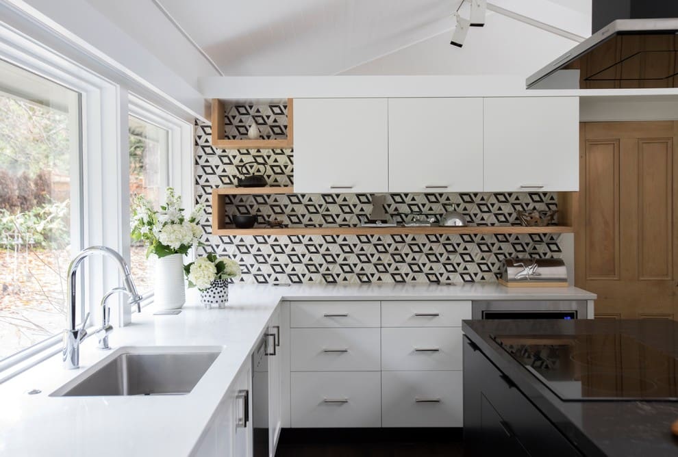 Monochromatic Geometric Tile Backsplash Adds Graphic Interest