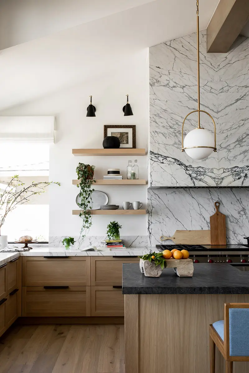 Dramatic Marble Slab Backsplash Creates a Bold Focal Point