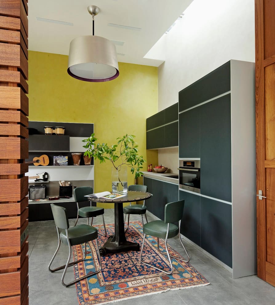 Textured Yellow Wall Creates a Cheerful Kitchen Backdrop