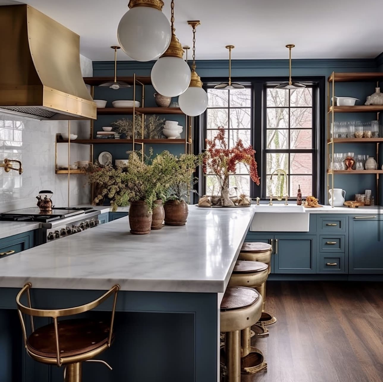 Brass Range Hood Creates a Warm Metallic Focal Point
