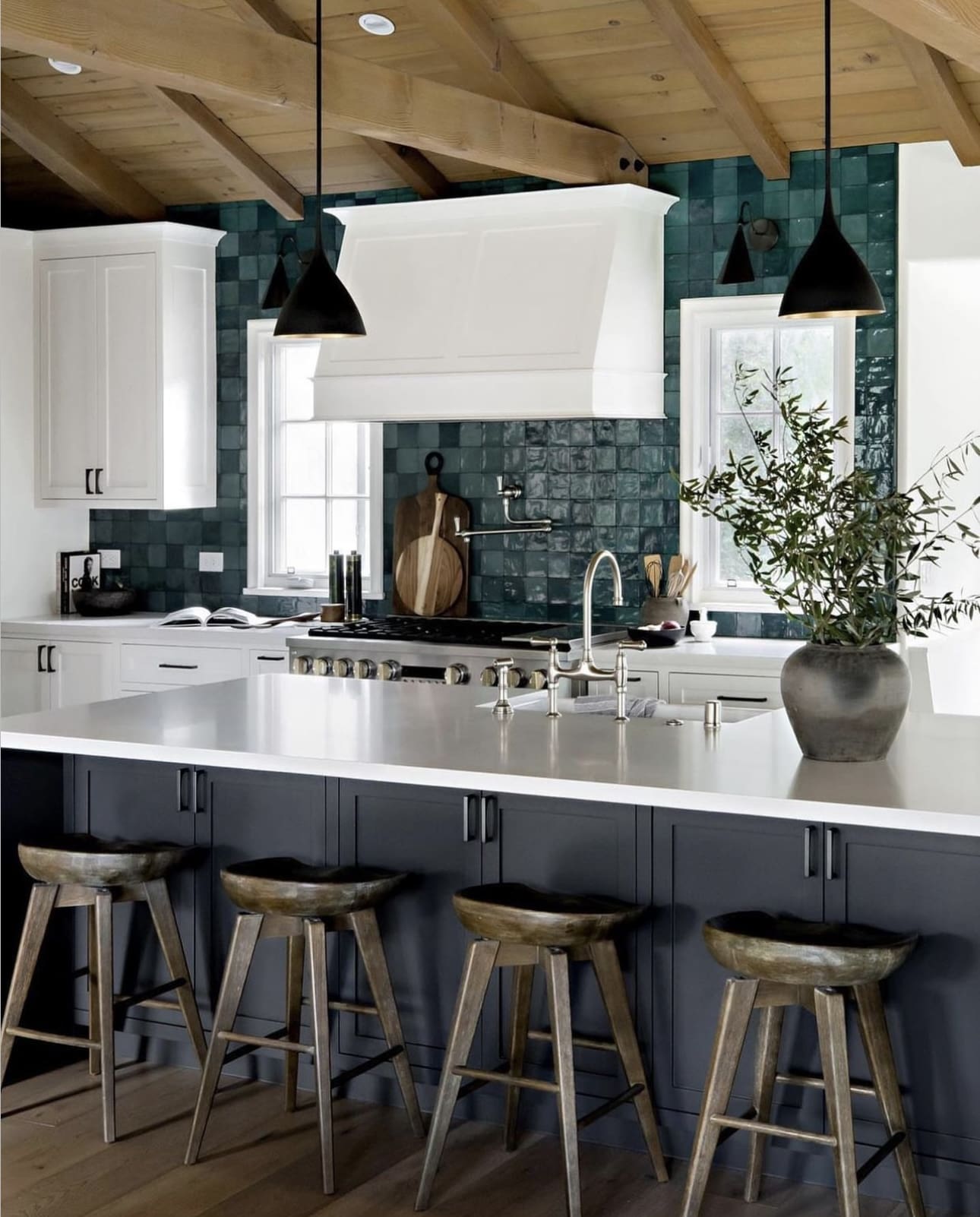 Textured Teal Square Tiles Create an Eye-Catching Backsplash