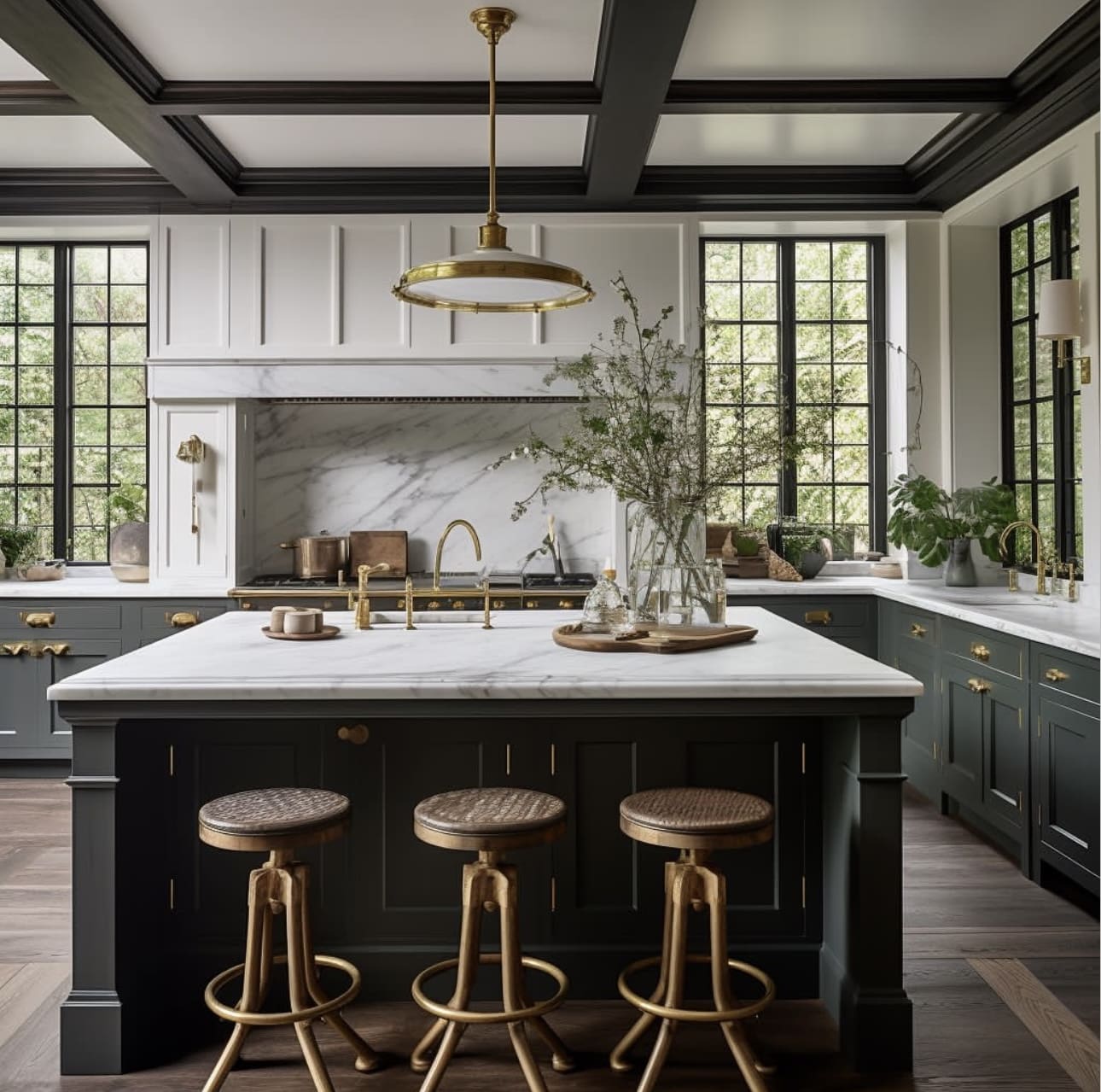 Embrace Richness with Dark Green Cabinetry and Brass Hardware