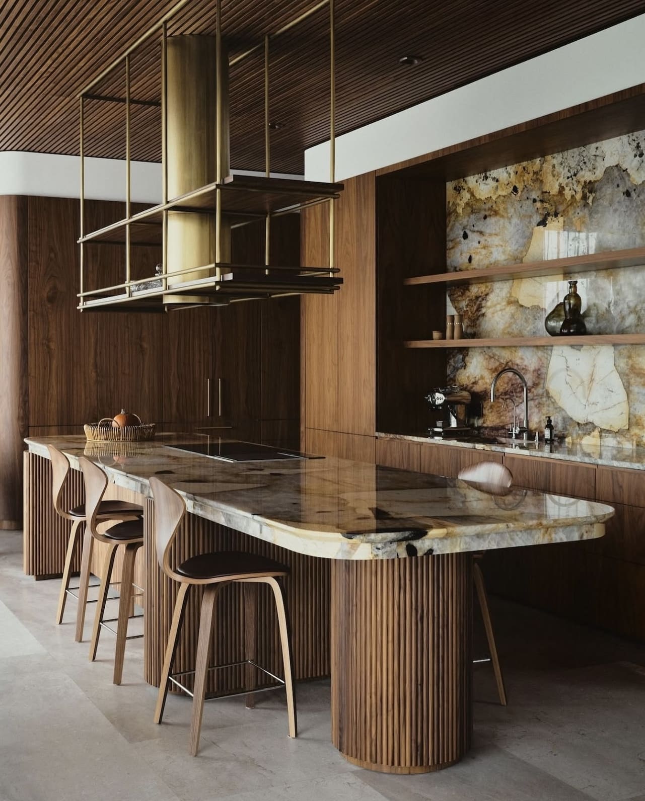 Island Base with Vertical Slats and a Dramatic Stone Top