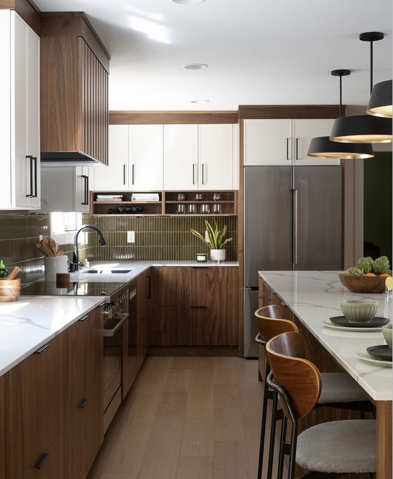 Vertical Walnut Cabinetry with Integrated Open Shelving