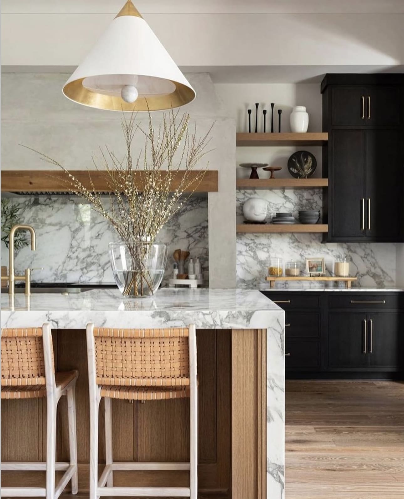 Black Walnut Cabinetry with Open Wood Shelving