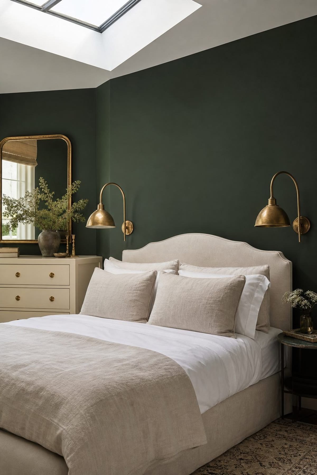 Arched Brass Sconces Frame the Bed