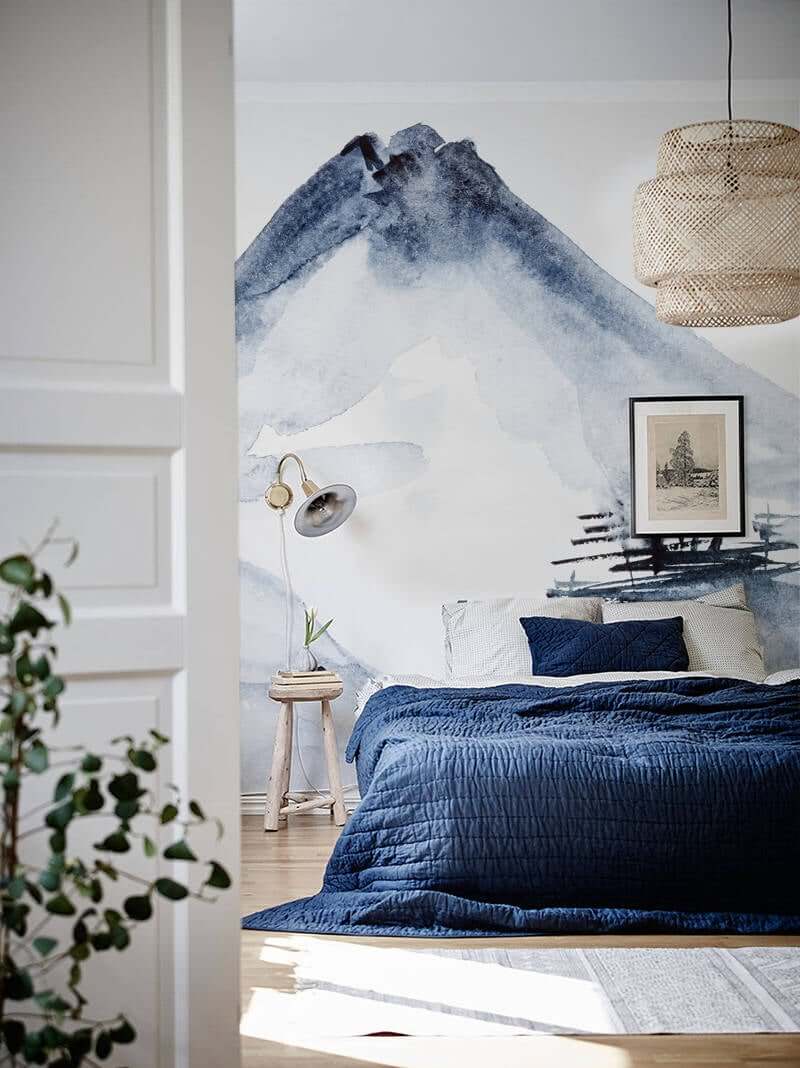 Watercolor Mountain Mural Creates a Serene Backdrop
