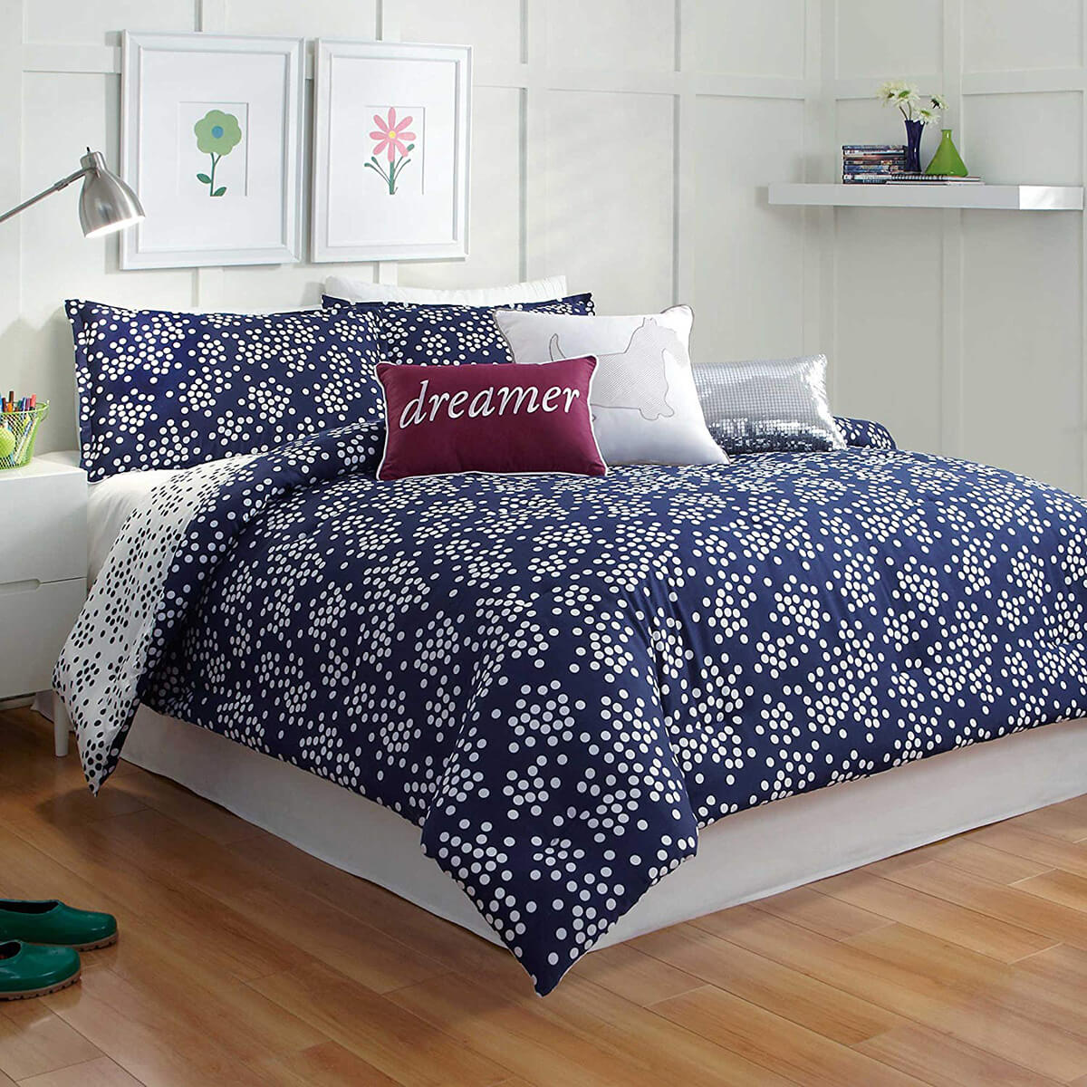 Navy Bedding with White Dot Pattern Adds Playful Texture