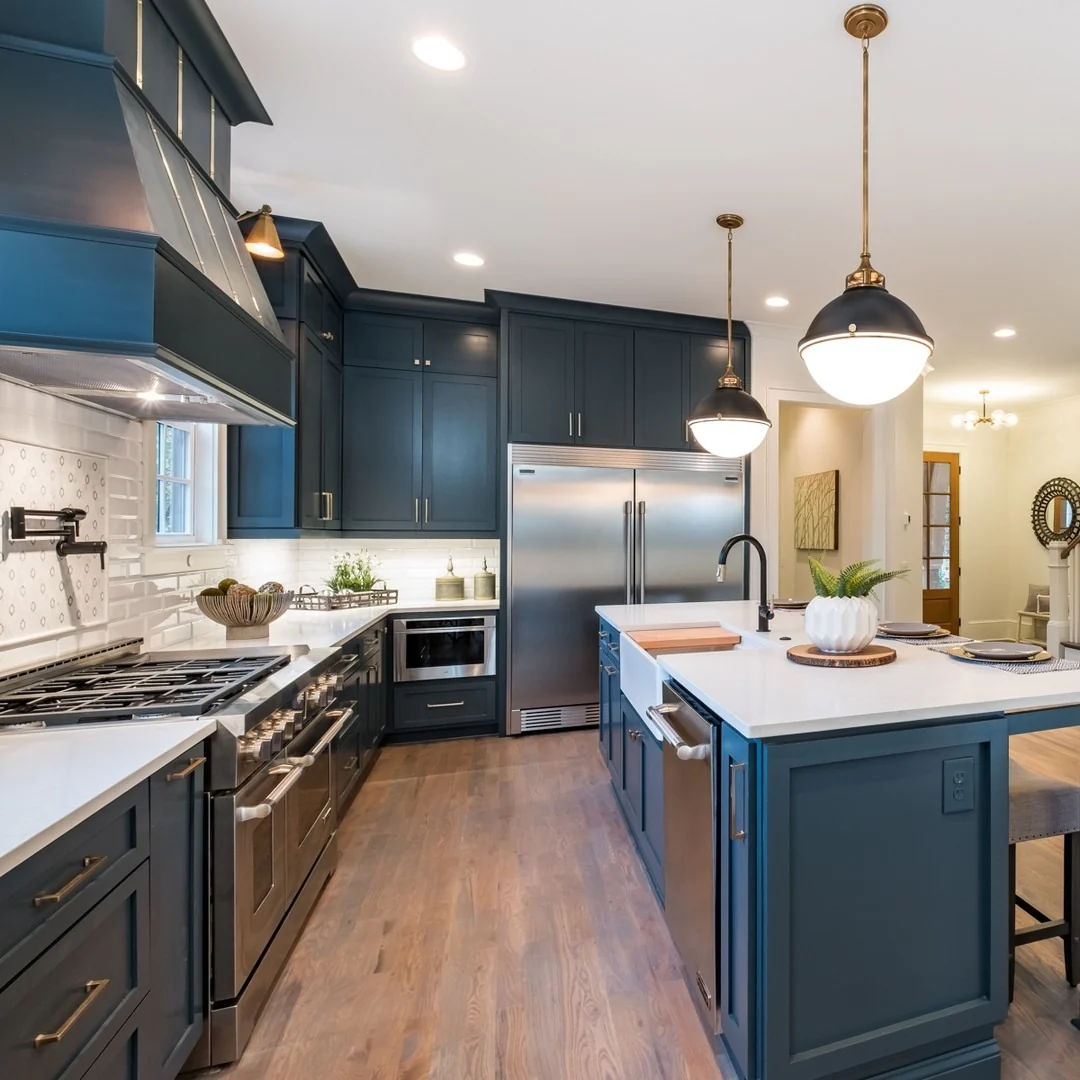 Anchor Your Kitchen with a Navy Island and Farmhouse Sink