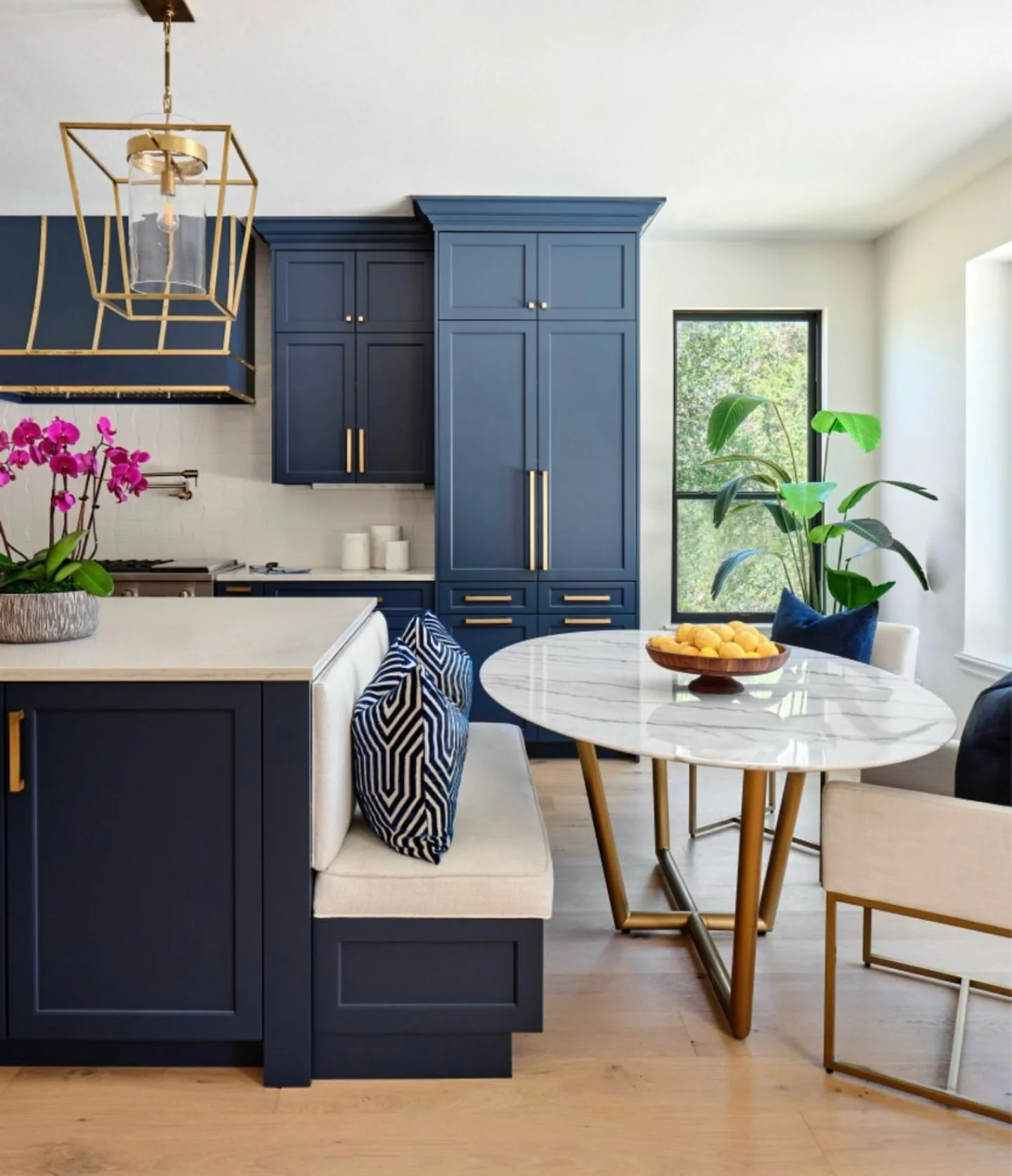 Navy Built-In Bench With Geometric Pillows