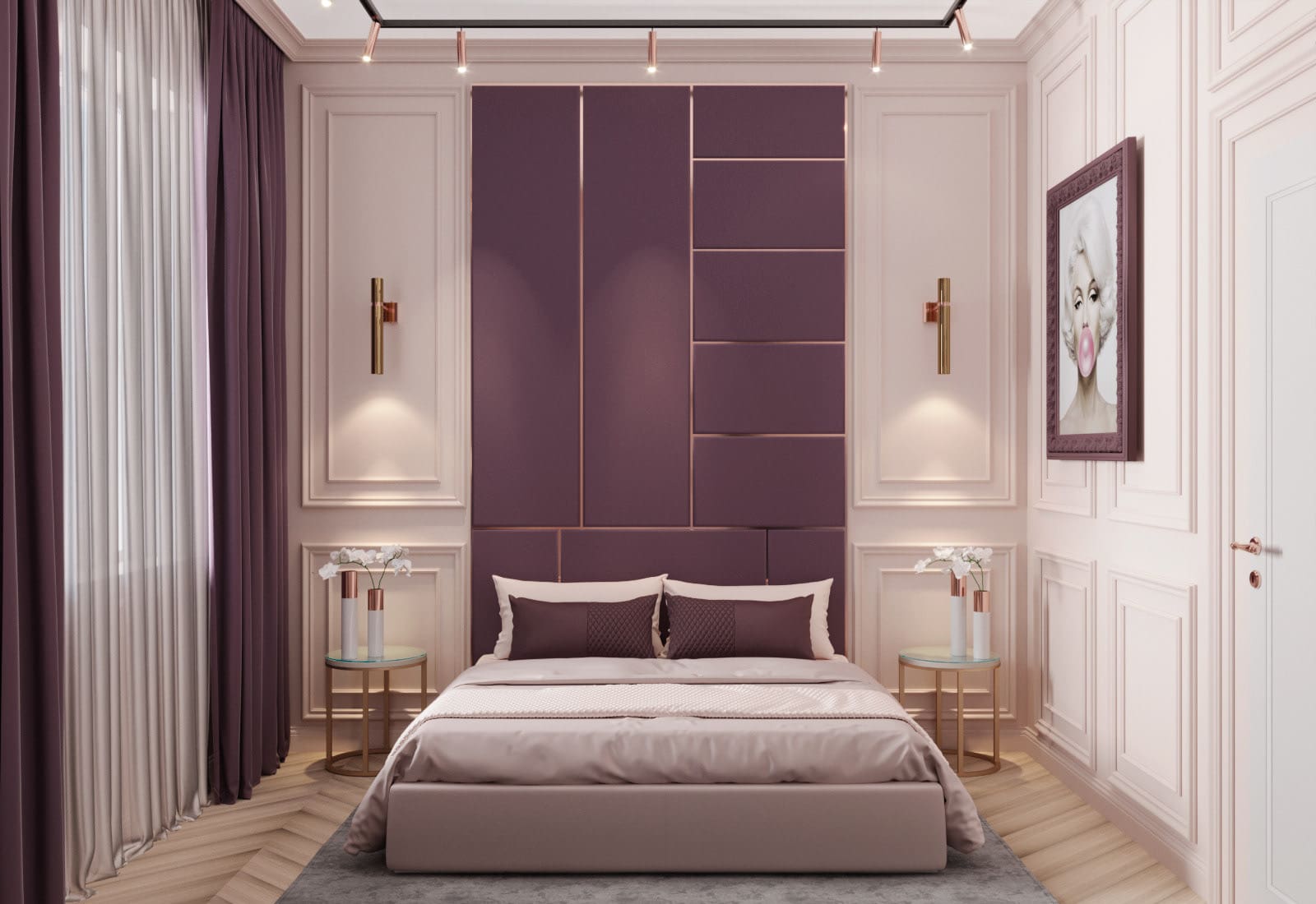 Geometric Plum Headboard with Copper Trim Defines the Space