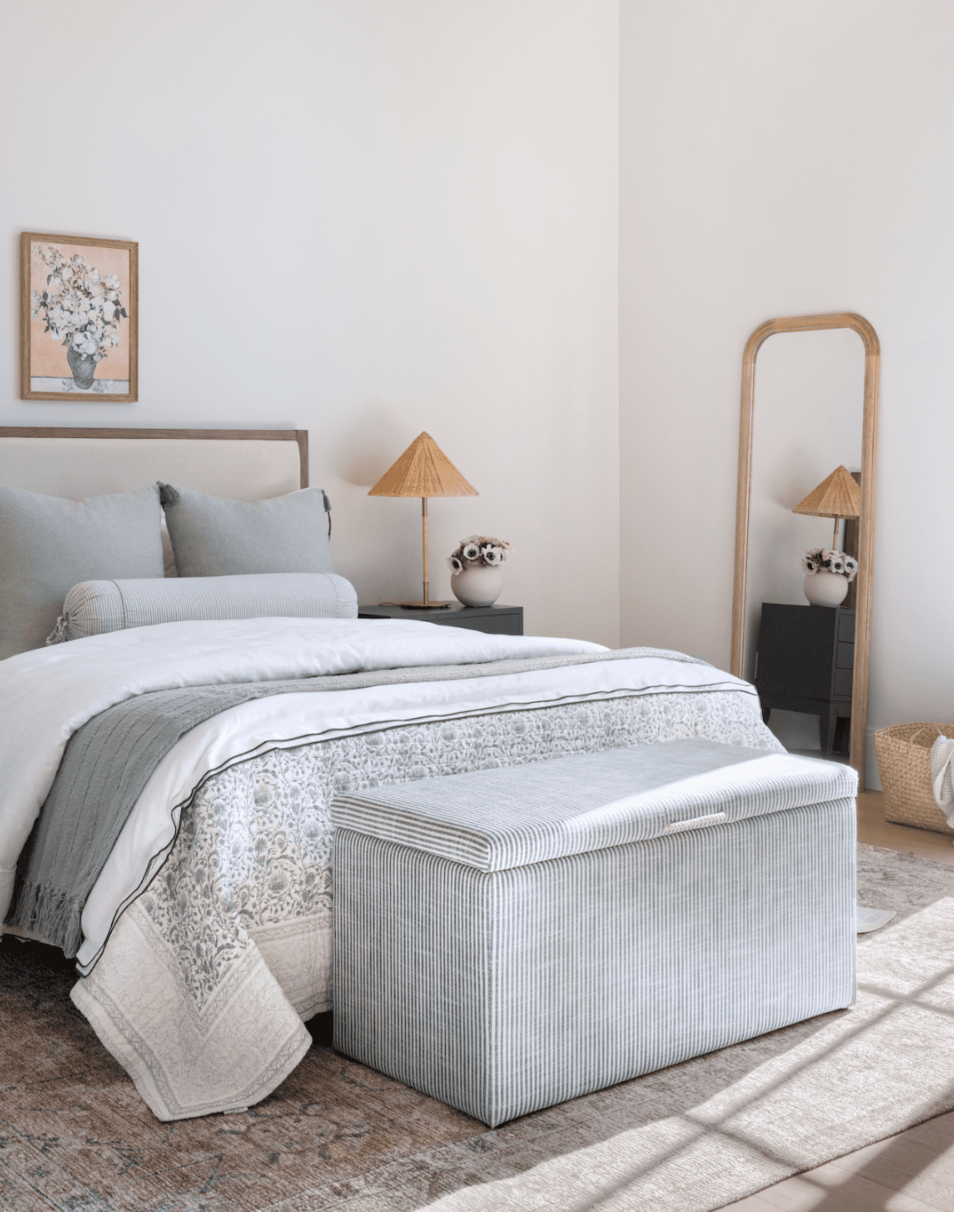 Striped Storage Bench Offers Hidden Bedside Space