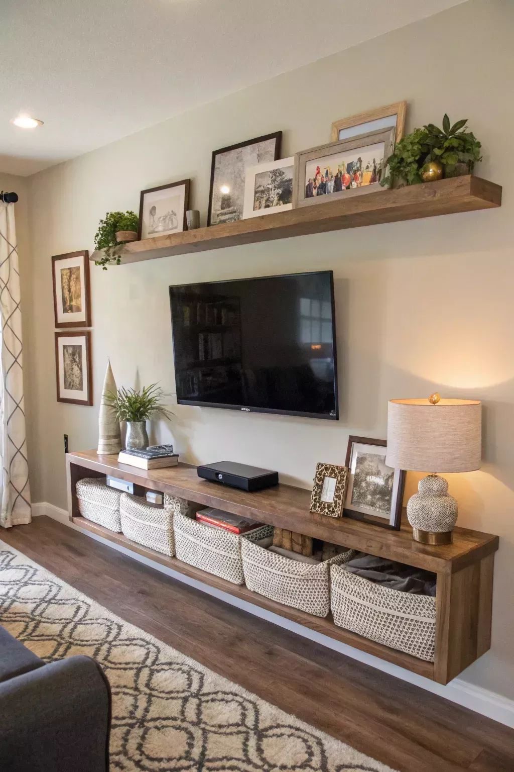 Floating Wood Console With Woven Baskets For Casual Storage