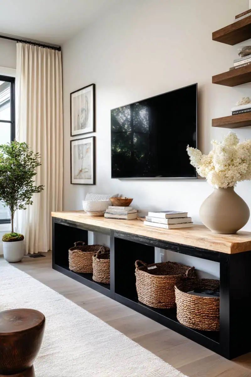 Black Open Shelving Holds Woven Baskets for Casual Storage