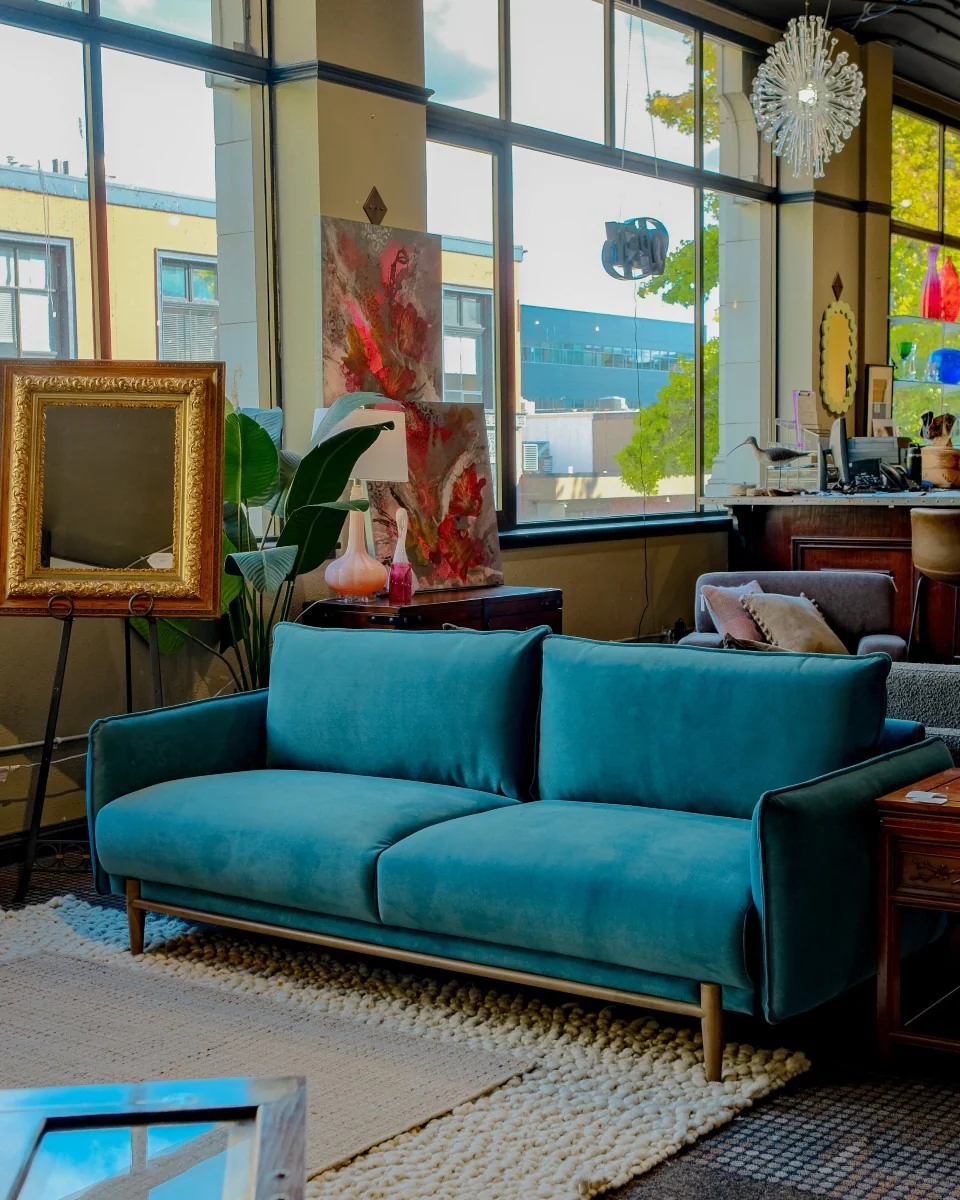 Velvet Turquoise Sofa With Natural Wood Legs