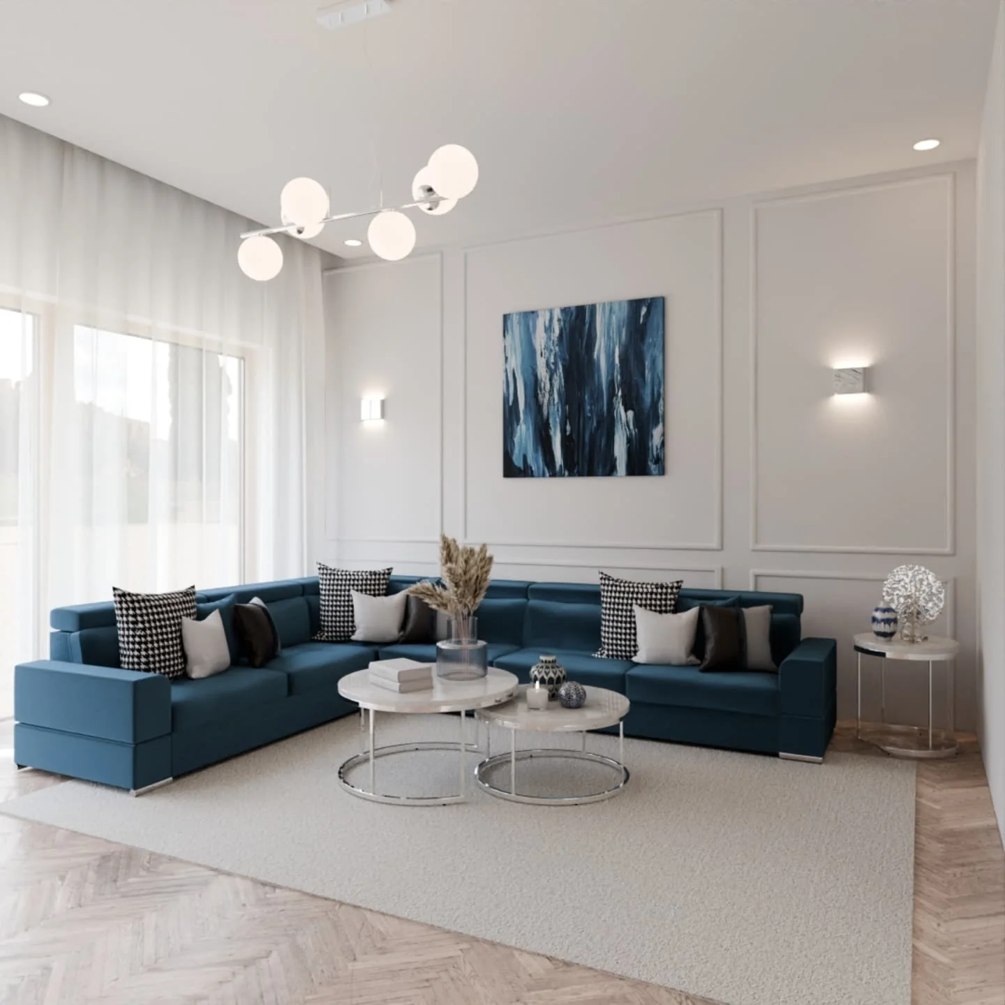 Deep Teal Sectional Sofa With Graphic Pillows