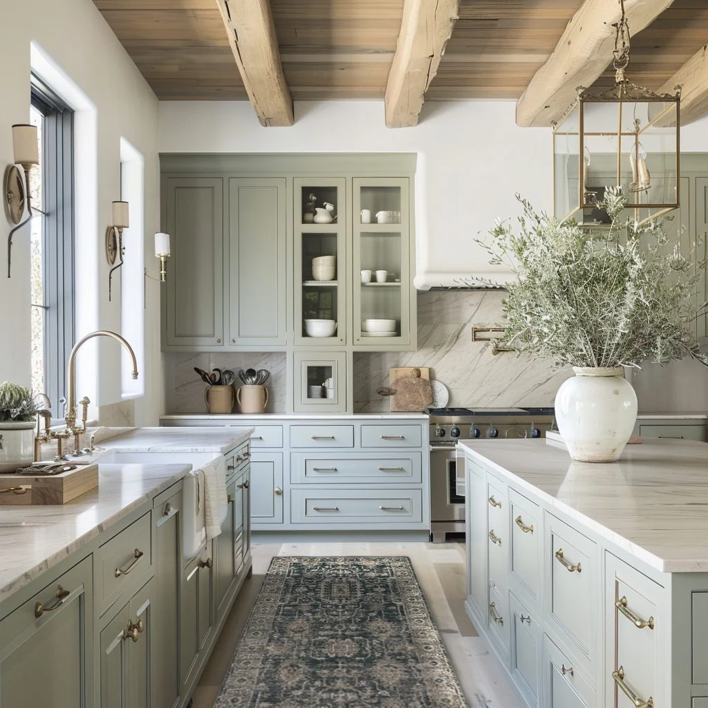 Combine Soft Blue-Gray Cabinets with Warm Brass Hardware