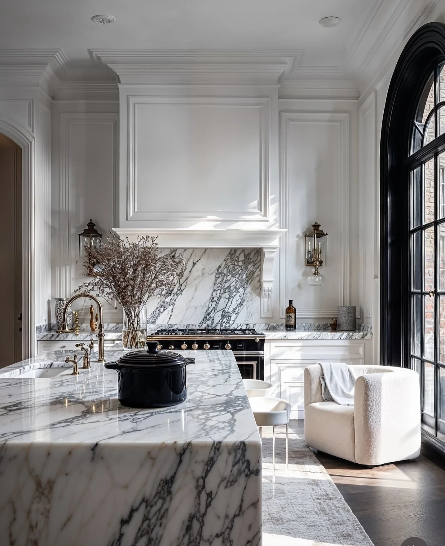 Marble Island With Integrated Sink and Brass Faucets