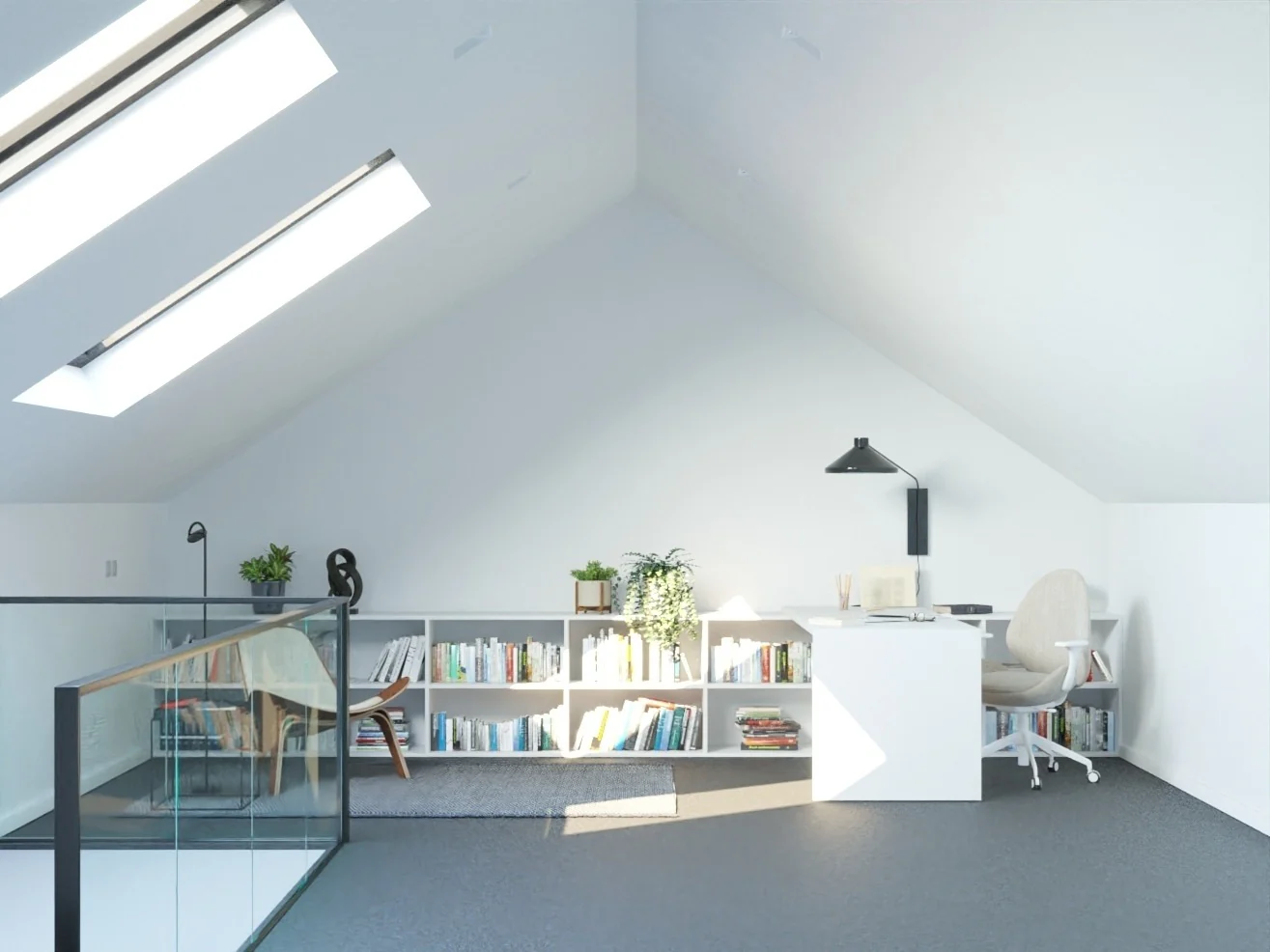 White Built-In Shelving Maximizes Attic Office Storage