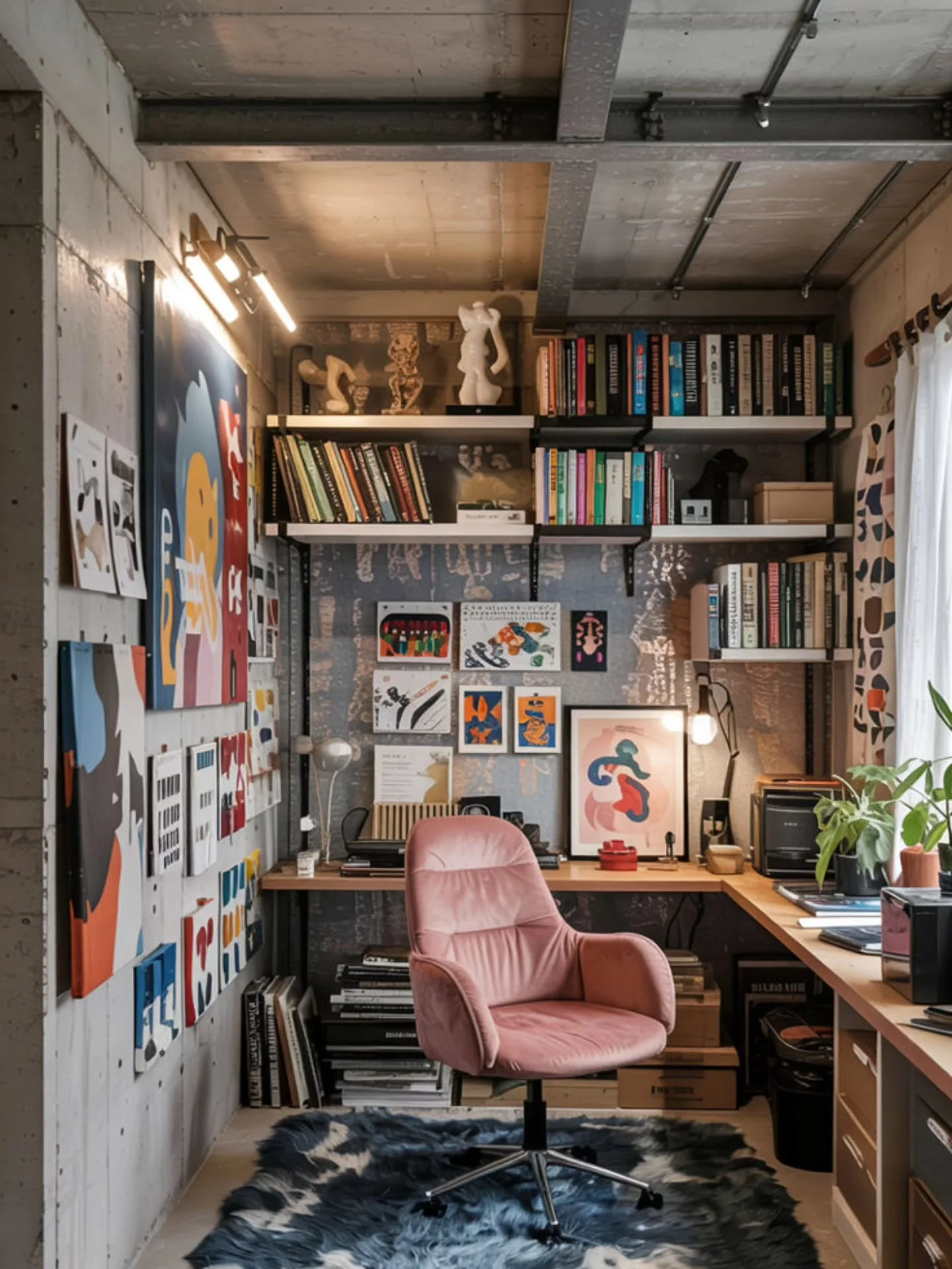 Pink Velvet Chair Softens an Industrial Attic Office