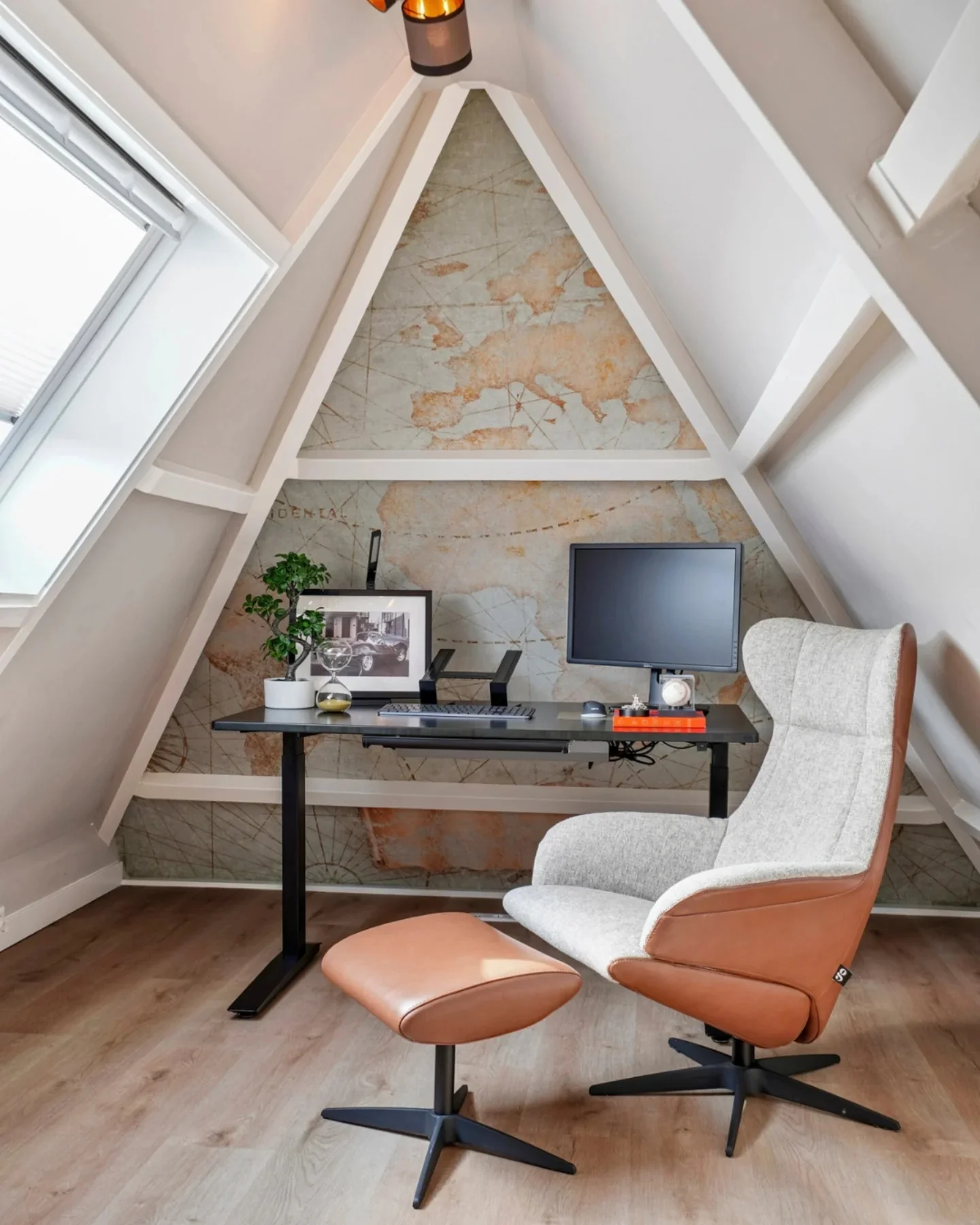 Vintage Map Wallpaper Creates an Adventurous Attic Office Backdrop