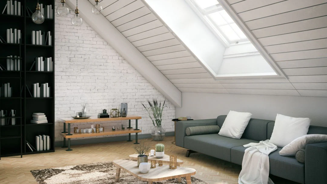 Black Bookshelf Anchors an Attic Office Corner