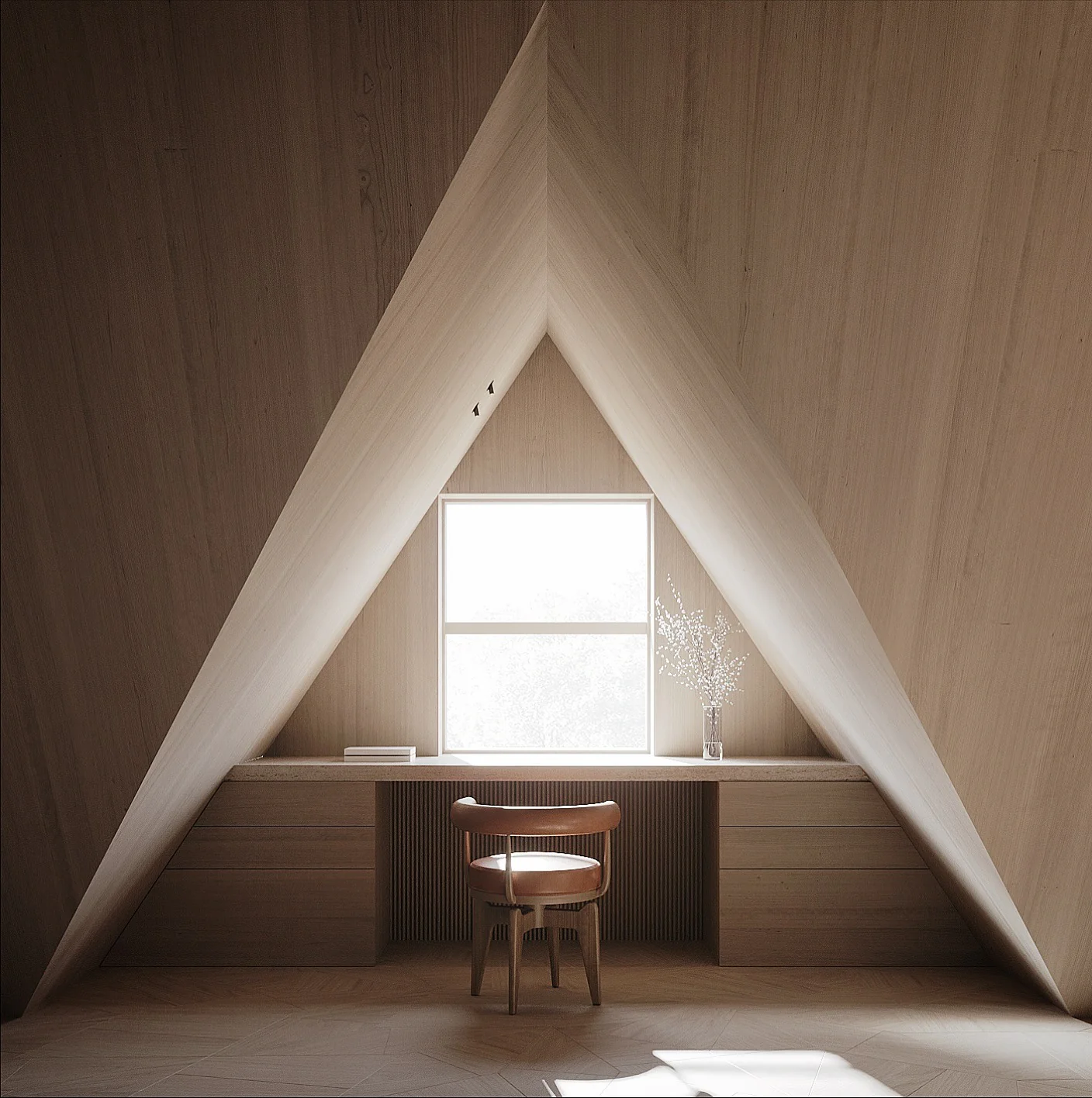 Built-in Desk Follows Attic Angles with Integrated Drawers