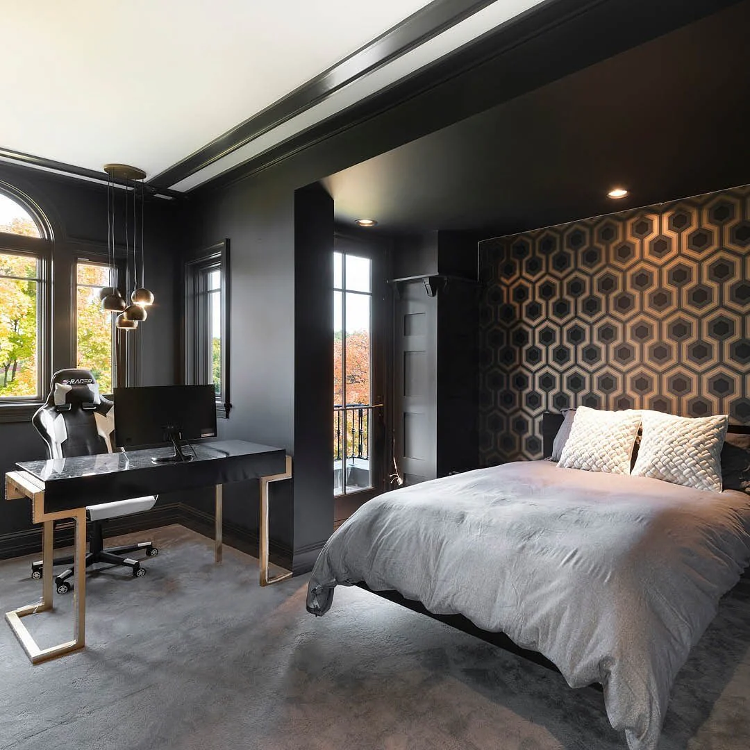 Geometric Wallpaper Creates a Dramatic Bedroom Office Focal Point
