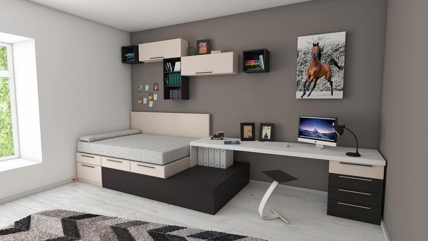 Floating Cabinets Above Bed Create Additional Storage