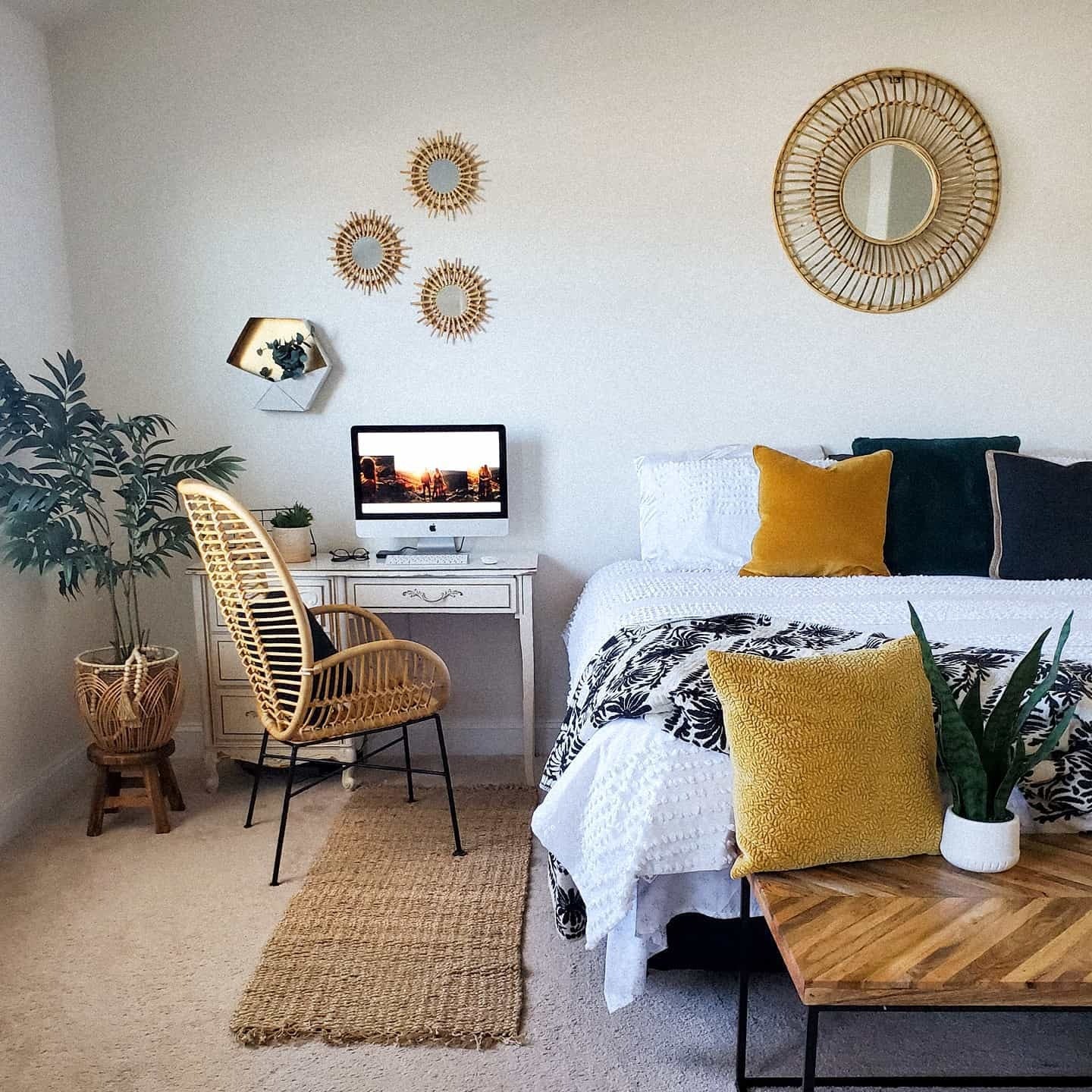 Sunburst Mirrors Add Decorative Flair Above a White Desk