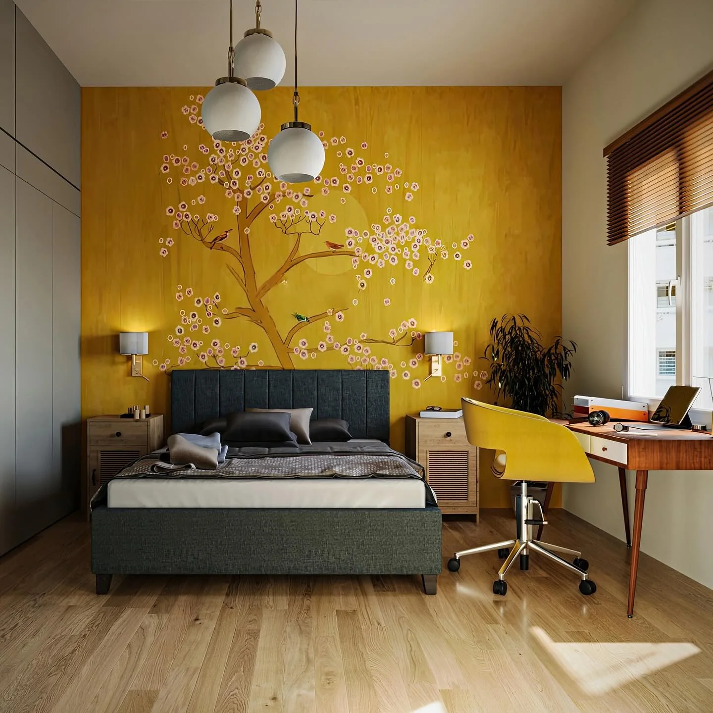 Yellow Accent Wall With Tree Mural Adds Artistic Flair