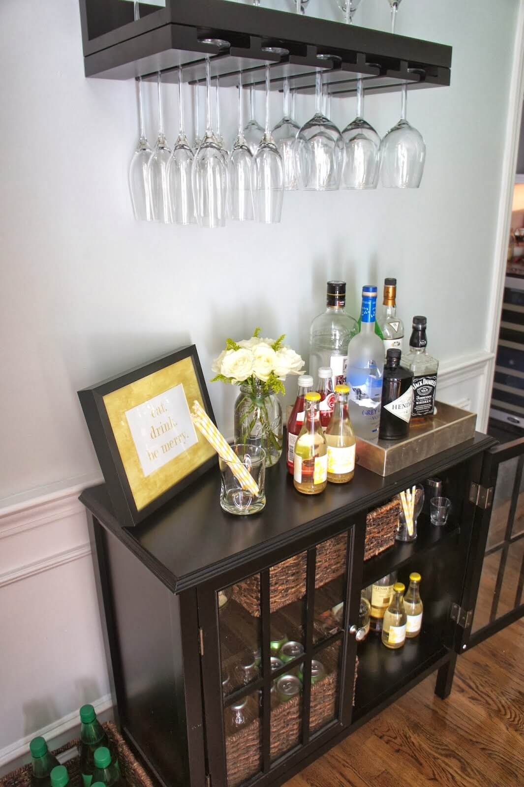 Dark Wood Cabinet with Glass Doors and Woven Baskets