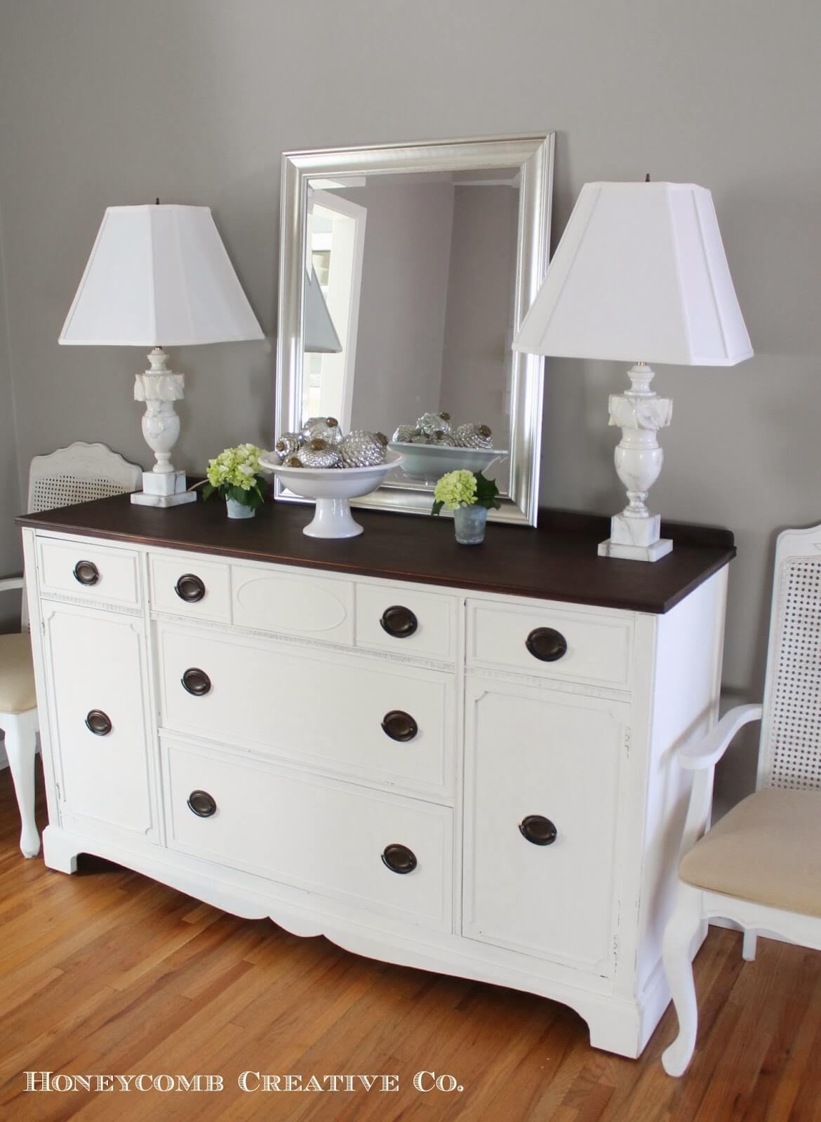 White Dresser with Dark Top Offers Ample Drawer Storage