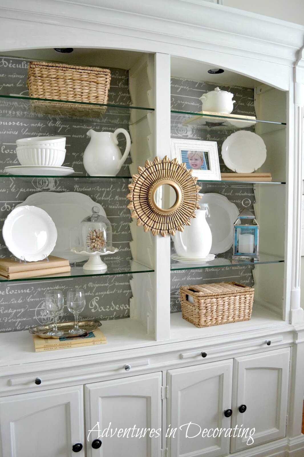 Tuck Woven Baskets on Shelves for Casual Dining Storage