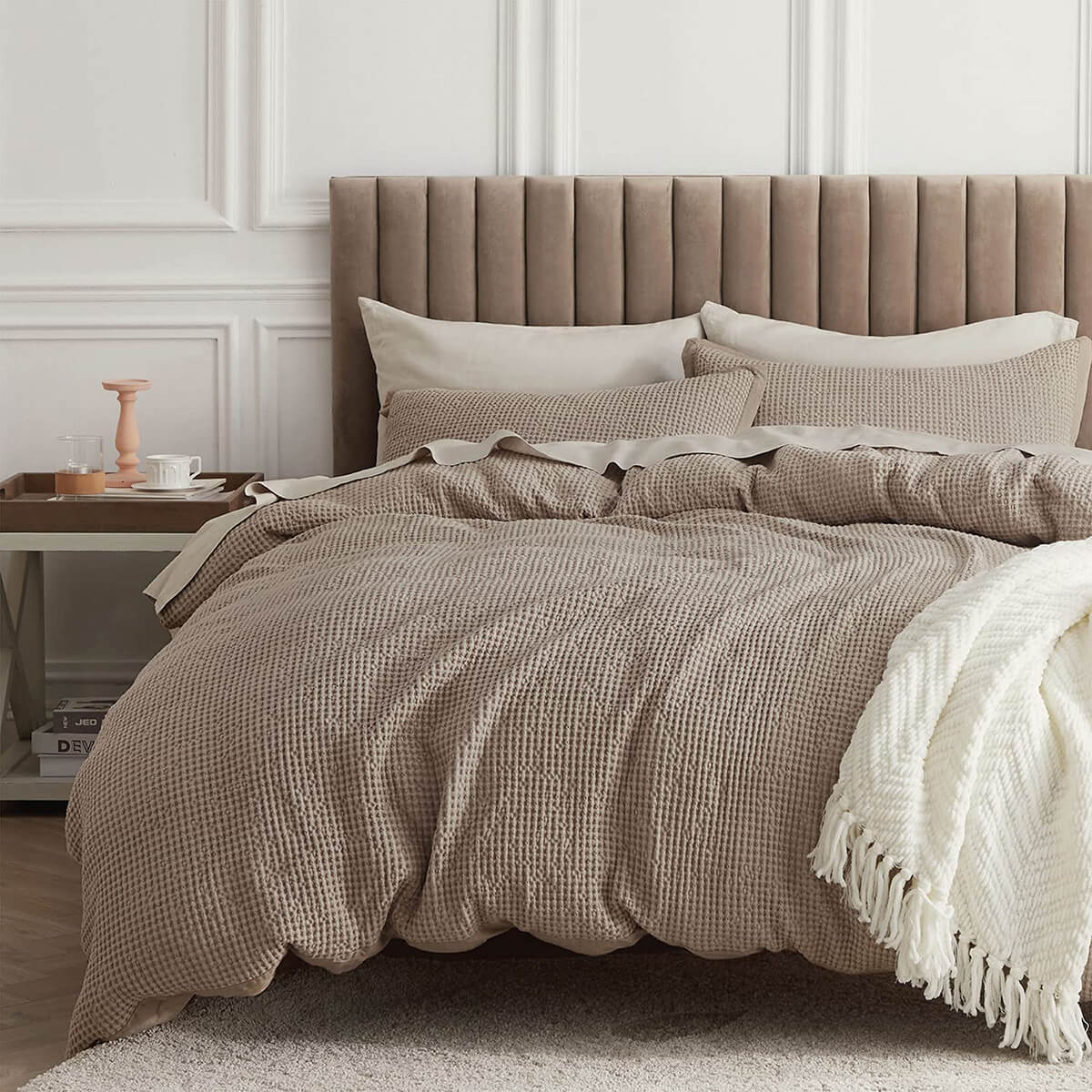 Waffle-Knit Duvet Cover in Warm Taupe