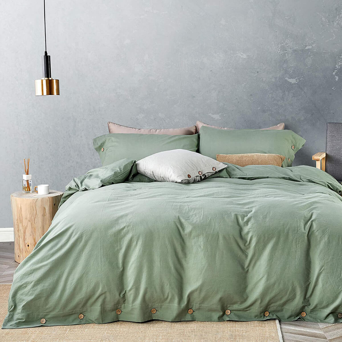 Sage Green Duvet Cover With Natural Wood Buttons