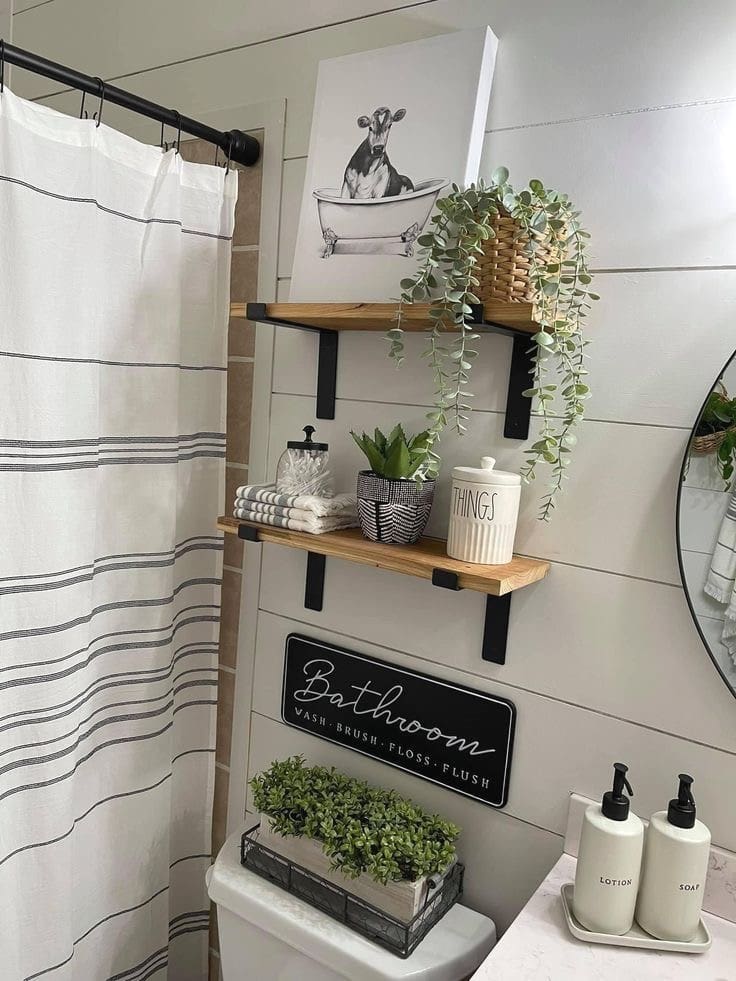 Combine a Farmhouse Sign and Boxwood on Your Toilet Tank
