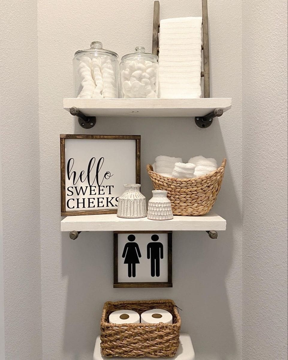 Wooden Signage Adds Playful Personality to Bathroom Shelves