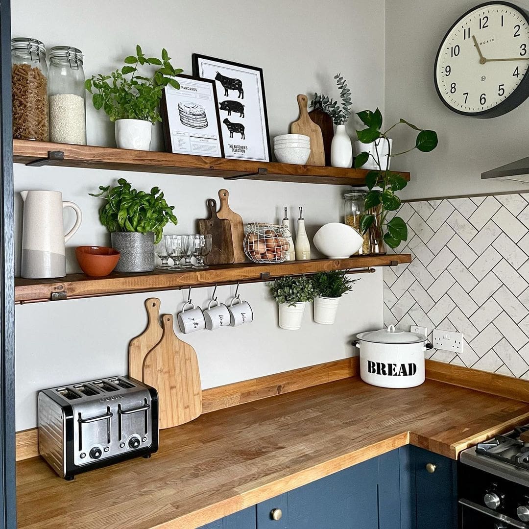 Open Shelves With Varied Greenery and Artwork