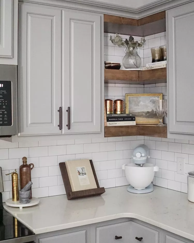 Decorate Corner Shelves with Rustic Wood and Tile