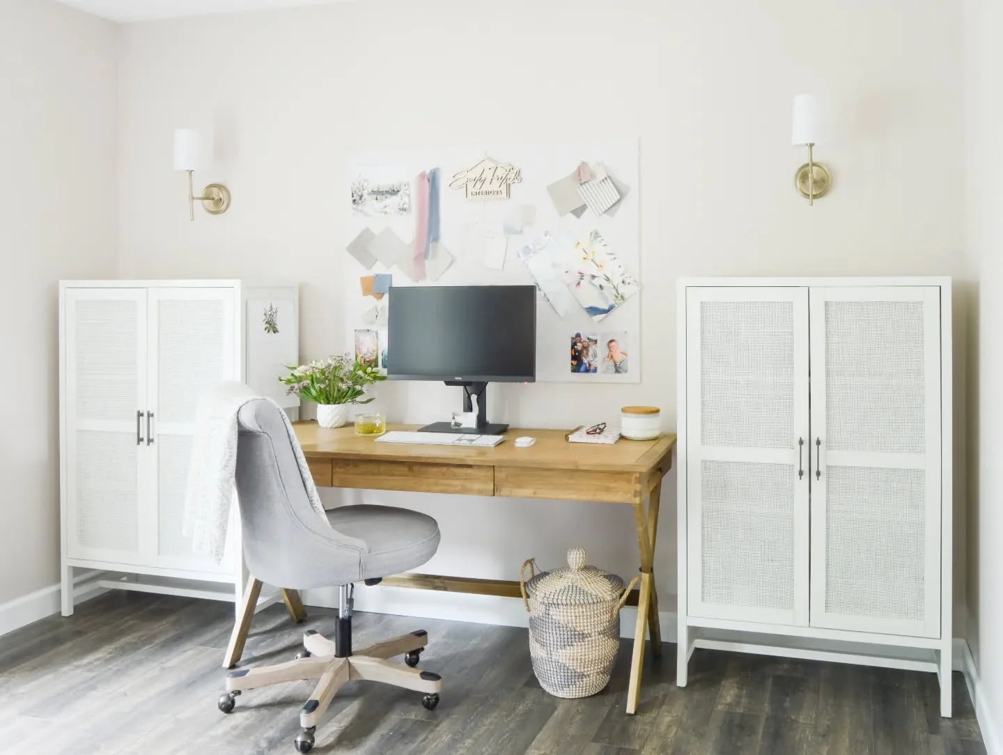 Textured Storage With White Cane-Front Cabinets