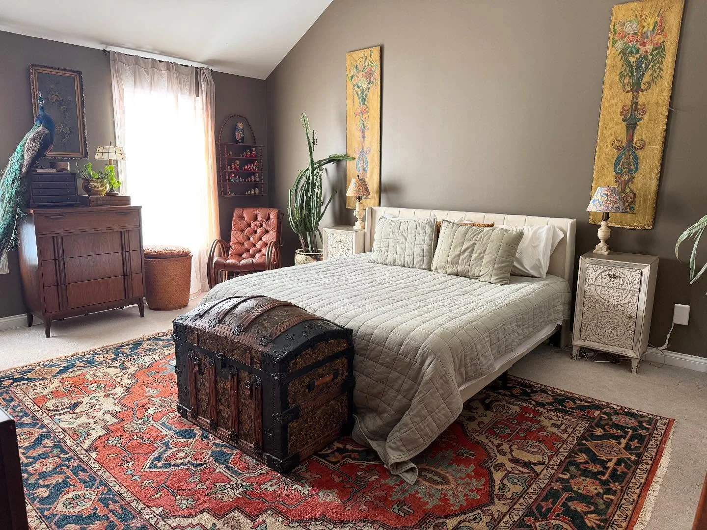 Ornate Steamer Trunk as a Dramatic Bedside Table