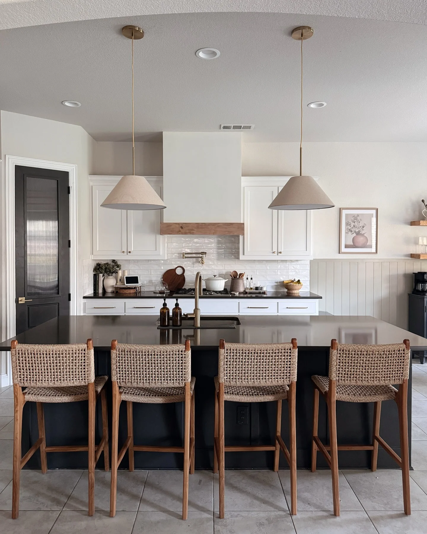 Neutral Cone Pendant Lights Soften Dark Island Tones