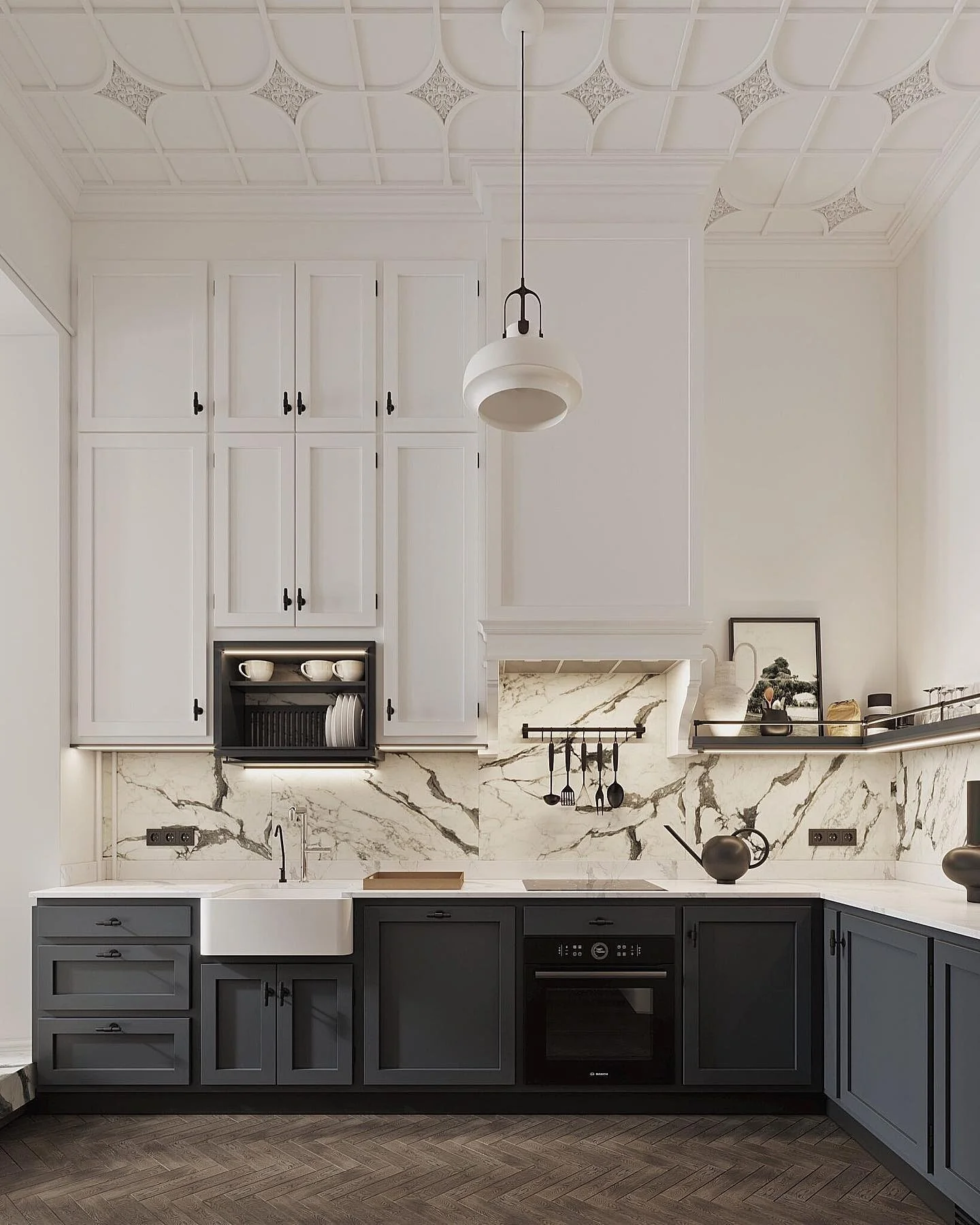 Built-in Dish Rack Hides Clutter Above Sink