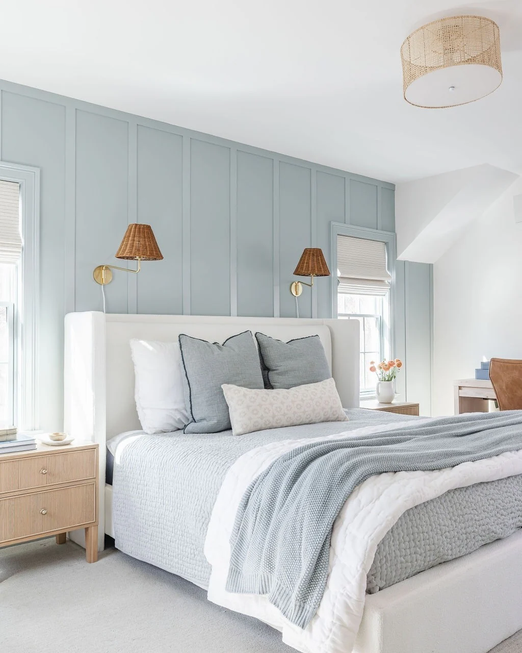 Woven Rattan Lampshade Adds Natural Texture Above Bed