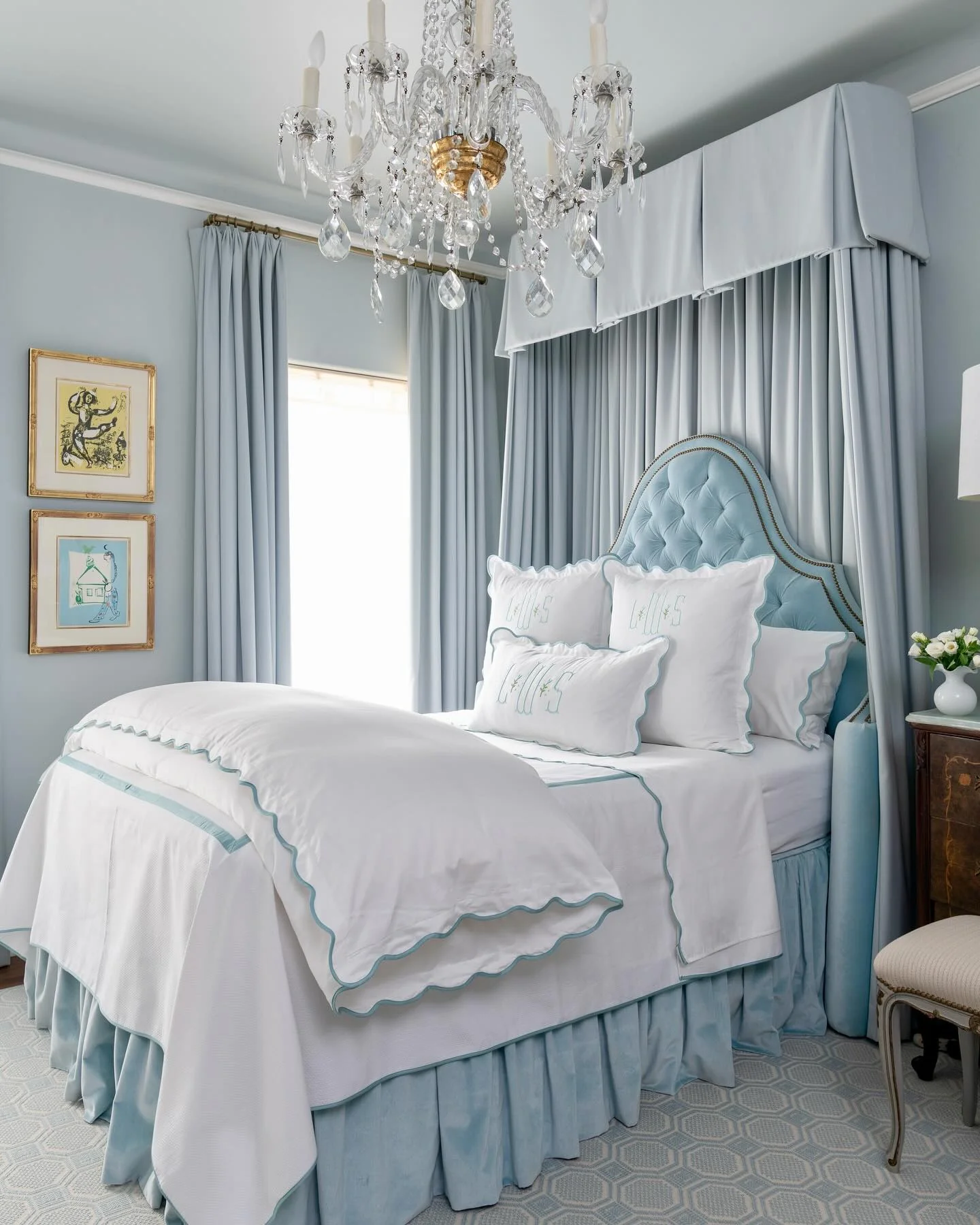 Tufted Blue Headboard Frames Monogrammed Bedding