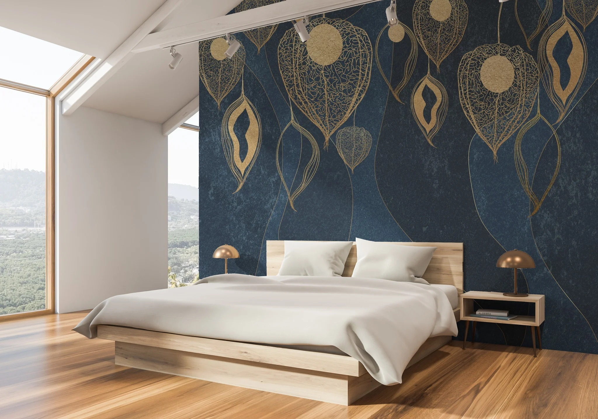 Dark Blue Wallpaper with Gold Botanical Motifs Creates a Dramatic Focal Wall