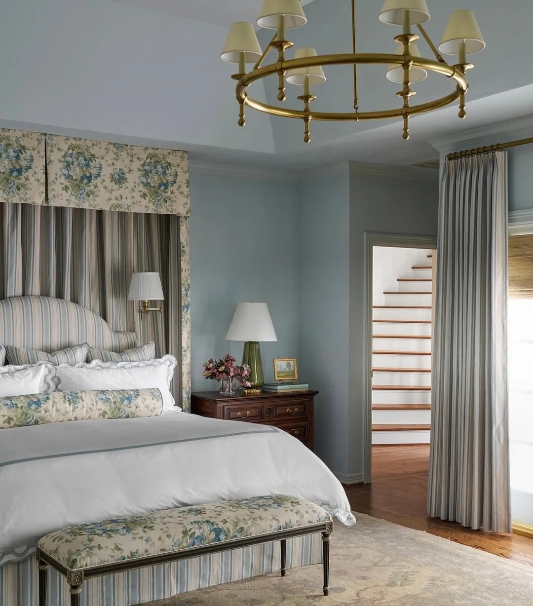 Blue Floral Bench Adds Patterned Seating at the Foot of the Bed