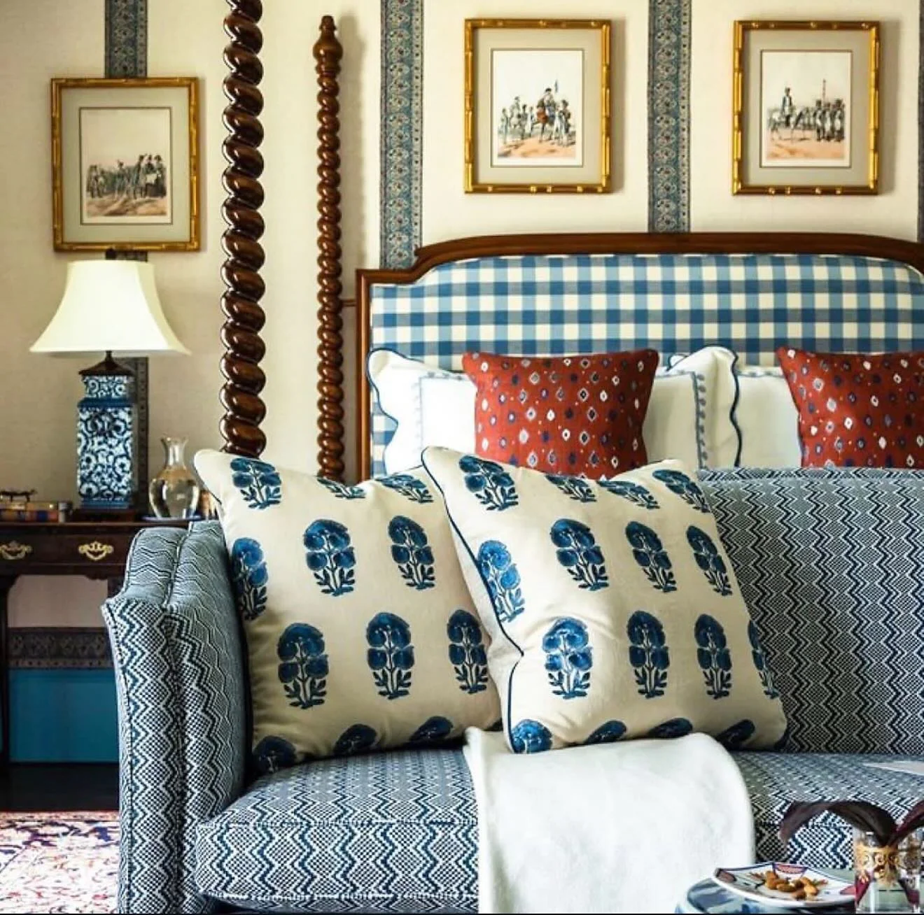 Blue and White Block Print Pillows Add Bohemian Comfort